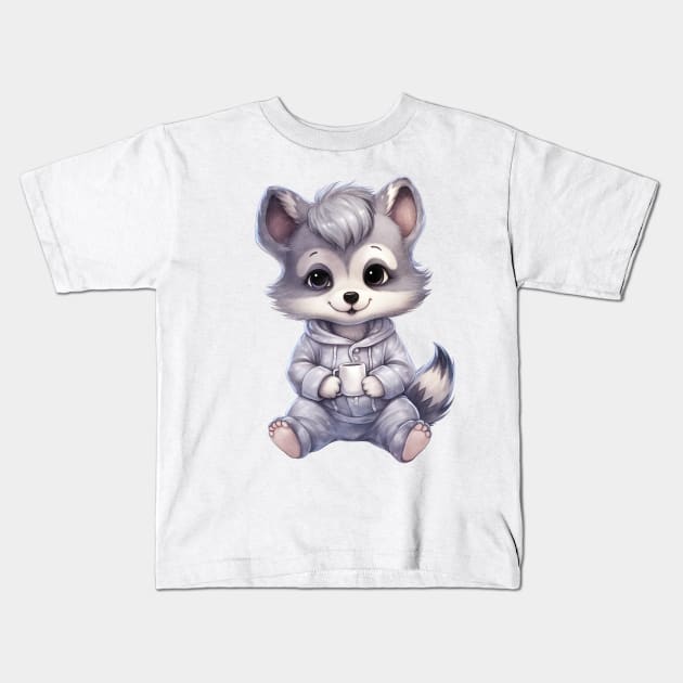 Gray Wolf Wearing Pajamas Kids T-Shirt by Chromatic Fusion Studio